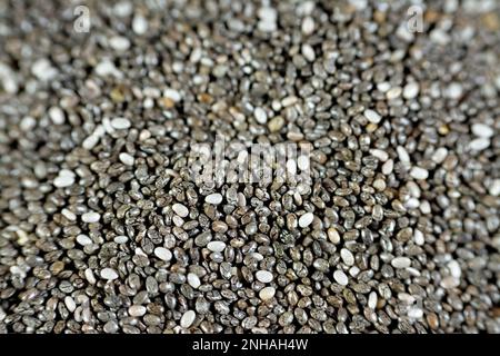 Semi di chia essiccati ad alto contenuto di fibre alimentari, vitamine, minerali, proteine, grassi e carboidrati, Ricco in vitamine di B, tiamina e niacina, it' Foto Stock