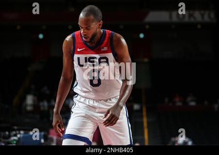 7 AGOSTO 2021: Khris Middleton degli Stati Uniti nella finale di pallacanestro maschile tra Stati Uniti e Francia ai Giochi Olimpici di Tokyo 2020 (Foto di Mickael Chavet/RX) Foto Stock