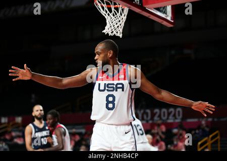 7 AGOSTO 2021: Khris Middleton degli Stati Uniti nella finale di pallacanestro maschile tra Stati Uniti e Francia ai Giochi Olimpici di Tokyo 2020 (Foto di Mickael Chavet/RX) Foto Stock