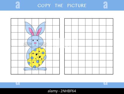 Copia l'immagine di coniglio carino di Pasqua con uovo. Semplice gioco educativo per i bambini Foto Stock