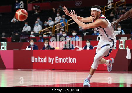 7 AGOSTO 2021: Devin Booker degli Stati Uniti nel gioco di medaglia d'oro di pallacanestro maschile ai Giochi Olimpici di Tokyo 2020 (Foto di Mickael Chavet/RX) Foto Stock