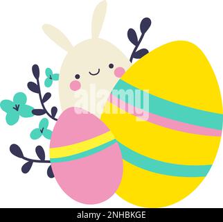 Uova di Pasqua e coniglietto di Pasqua carino illustrazione. Illustrazione vettoriale per un biglietto d'auguri, un poster o un banner sociale. Illustrazione Vettoriale