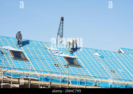 Nijmegen, Paesi Bassi - 8 febbraio 2023: Lavoratori al lavoro su un tetto in costruzione coperto di plastica blu con un cielo blu chiaro Foto Stock