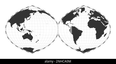 Mappa vettoriale del mondo. Proiezione autenticale quartic interrotta in due emisferi. Mappa geografica del mondo pianeggiante con linee di latitudine e longitudine. Illustrazione Vettoriale