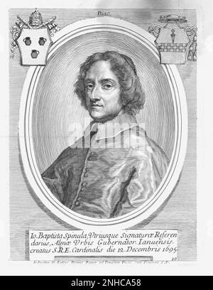 1695 , ITALIA : Ritratto engravante del Cardinale GIOVAN BATTISTA SPINOLA ( Vescovo di Matera dal 1648 al 1665 ) . Dalla nobile famiglia genovese, nipote del senatore della Repubblica genovese Giovan Battista Spinola di LUCCOLI detto il VALENZA (politico 1531-1533). Sotto il ritratto lo stemma araldico di papa INNOCENZO XII principe PIGNATELLI Aragona Cortés e della famiglia Spinola . Opera stampata a Roma dal celebre publisher Giovanni Iacomo DE RUBEIS ( aka Giovanni Jacopo Rossi ) - CARDINALE - ECCLESIASTICO - VESCOVO - Genova - PATRIZIO GENOVESE - Papa Innocenzius 12nd - prete Foto Stock