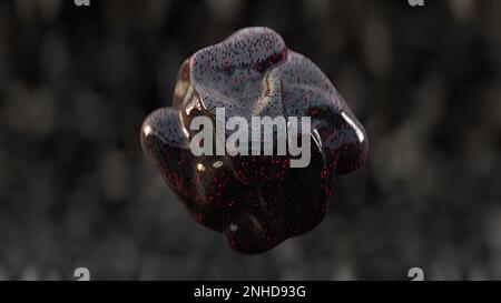 3D astratto liscio nero lucido forma liquida. Palla trasformante con puntini rossi che ondeggiano sul vento. Foto Stock