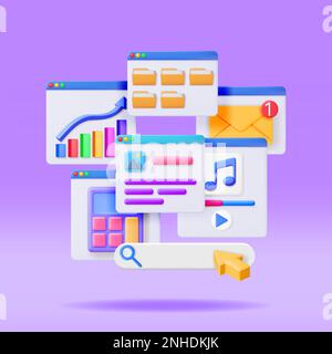 3D interfaccia Windows dell'applicazione isolata. Eseguire il rendering dell'interfaccia utente del software del computer. Ricerca UI, Musica, browser, finanziario, Calcolatrice, File Manager, ma Illustrazione Vettoriale