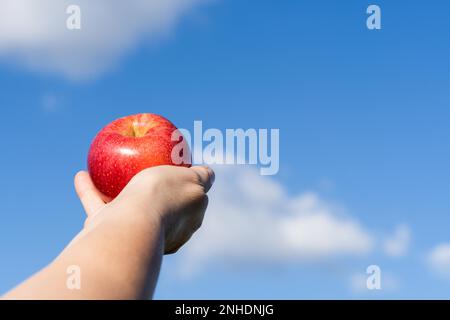 Mani di donne che tengono una mela con un cielo nuvoloso sullo sfondo Foto Stock