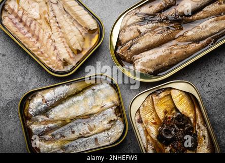 Pesce assortito in scatola su fondo di cemento grigio: Sardina, sardina affumicata, sgombro. Pesce in scatola come un cibo conveniente, veloce, sano e. Foto Stock