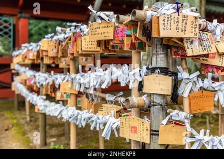 Tokyo Giappone. Benedizioni e preghiere scritte su carte di legno Foto Stock