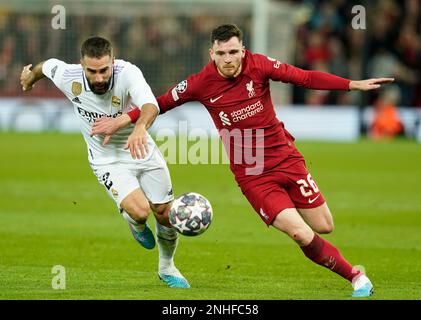 Liverpool, Regno Unito. 21st Feb, 2023. Daniel Carvajal del Real Madrid si batte con Andrew Robertson di Liverpool durante la partita della UEFA Champions League ad Anfield, Liverpool. Il credito per le immagini dovrebbe essere: Andrew Yates/Sportimage Credit: Sportimage/Alamy Live News Foto Stock