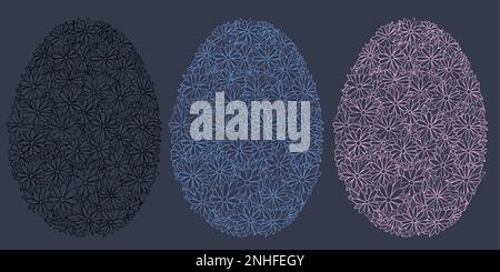 Uova di Pasqua in forma di sfondo di camomiles. Un'atmosfera primaverile con motivo floreale. Nero e colore delinea le uova. Illustrazione Vettoriale