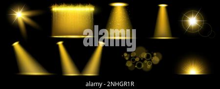Le luci spot producono un set realistico con viste isolate di sorgenti di luce naturali e artificiali con illustrazione vettoriale dei raggi Illustrazione Vettoriale