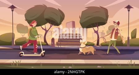 Paesaggio serale del parco cittadino con panca vuota e persone felici in sella scooter e cane a piedi cartoni animati illustrazione vettore Illustrazione Vettoriale