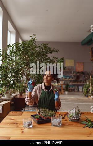 Fiorista donna professionale esamina piantine in studio floreale. Concetto di giardinaggio Foto Stock