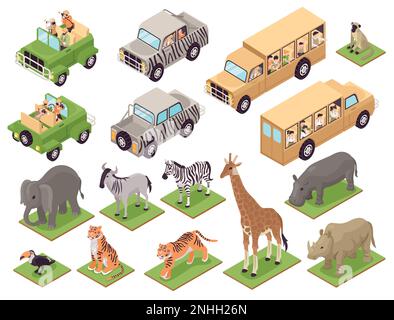 Icone di safari fotografico isometriche con veicoli turistici e animali selvatici isolato illustrazione vettoriale Illustrazione Vettoriale