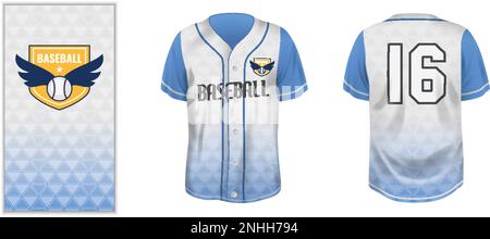 Vista frontale e posteriore della maglia da baseball con emblema ingrandito in stile realistico, raffigurazione vettoriale isolata Illustrazione Vettoriale