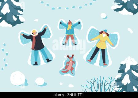 Inverno vacanza sfondo piatto con vista dall'alto di famiglia felice e cane facendo angeli di neve vettore illustrazione Illustrazione Vettoriale