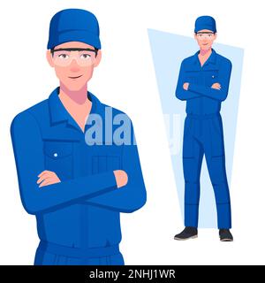 Braccia meccaniche ripiegate in posizione eretta, carattere indossando tute blu con cappuccio Illustrazione Vettoriale