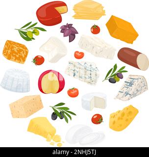 Formaggio composizione rotonda piatta con diversi tipi di formaggio intero e affettato a pezzi illustrazione vettoriale Illustrazione Vettoriale