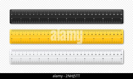 Vari righelli in plastica realistici con scala di misurazione e divisioni, contrassegni di misurazione. Righello scolastico, scala in centimetri e pollici per la misurazione della lunghezza Illustrazione Vettoriale