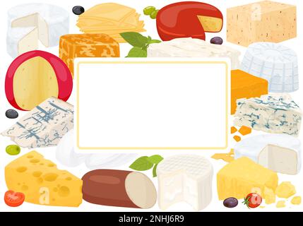 Formaggio composizione colorata piatta diversi tipi di formaggi ed etichetta al centro e luogo per l'illustrazione vettoriale del testo Illustrazione Vettoriale