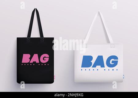 Borsa tote in tessuto mockup Set realistico con borse appese in tessuto bianco e nero con testo modificabile vettoriale illustrazione Illustrazione Vettoriale