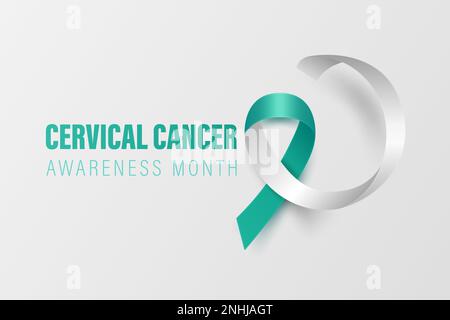 Banner cancro cervicale, cartellino, cartellino con Vector 3D Teal realistico e nastro bianco su sfondo bianco. Simbolo del mese di consapevolezza del cancro cervicale Illustrazione Vettoriale