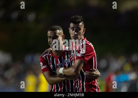 Sorocaba, Brasile. 21st Feb, 2023. SP - Sorocaba - 02/21/2023 - PAULISTA 2023, SAO BENTO X SAO PAULO - Pedrinho giocatore di Sao Paulo celebra il suo gol durante una partita contro Sao Bento allo stadio Walter Ribeiro per il campionato Paulista 2023. Foto: Diogo Reis/AGIF/Sipa USA Credit: Sipa USA/Alamy Live News Foto Stock