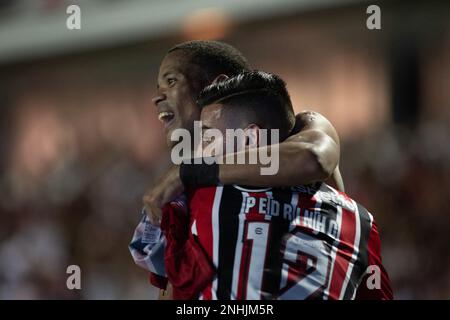 Sorocaba, Brasile. 21st Feb, 2023. SP - Sorocaba - 02/21/2023 - PAULISTA 2023, SAO BENTO X SAO PAULO - Pedrinho giocatore di Sao Paulo celebra il suo gol durante una partita contro Sao Bento allo stadio Walter Ribeiro per il campionato Paulista 2023. Foto: Diogo Reis/AGIF/Sipa USA Credit: Sipa USA/Alamy Live News Foto Stock