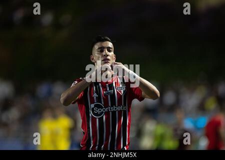 Sorocaba, Brasile. 21st Feb, 2023. SP - Sorocaba - 02/21/2023 - PAULISTA 2023, SAO BENTO X SAO PAULO - Pedrinho giocatore di Sao Paulo celebra il suo gol durante una partita contro Sao Bento allo stadio Walter Ribeiro per il campionato Paulista 2023. Foto: Diogo Reis/AGIF/Sipa USA Credit: Sipa USA/Alamy Live News Foto Stock