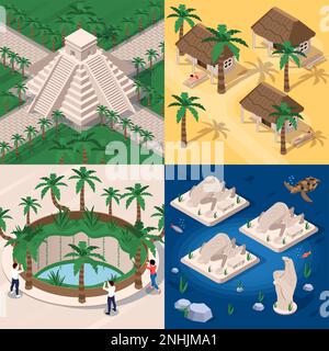 Allestita con composizioni di viaggio isometriche 2x2 dello yucatan, con vedute di famosi punti di riferimento per visite turistiche con illustrazione vettoriale dei turisti Illustrazione Vettoriale