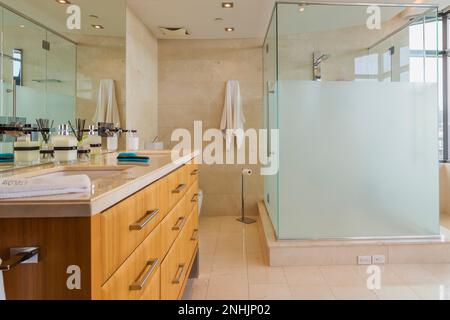 Esotico vanity in legno e cabina doccia in vetro in bagno con pavimento in piastrelle di marmo all'interno di un moderno e lussuoso condominio attico a più piani. Foto Stock