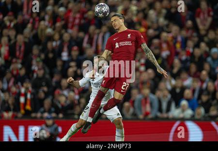 Liverpool. 22nd Feb, 2023. Darwin Nunez (L) di Liverpool partecipa con Dani Carvajal del Real Madrid durante la 1st tappa della UEFA Champions League, partita di calcio 16 tra Liverpool e Real Madrid a Liverpool, Gran Bretagna, il 21 febbraio 2023. Credit: Notizie dal vivo su Xinhua/Alamy Foto Stock