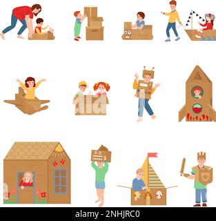 Set di icone piatte scatola di cartone con bambini che giocano a mano giocattoli isolato vettore illustrazione Illustrazione Vettoriale