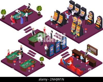 Composizione isometrica del casinò con set di piattaforme con giochi stand slot machines tavoli giocatori e lavoratori illustrazione vettoriale Illustrazione Vettoriale