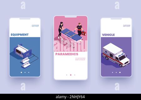 App mobile ambulanza sfondo isometrico con tre schermi per smartphone con informazioni sulle attrezzature del primo soccorso e sul vettore del personale paramedico Illustrazione Vettoriale
