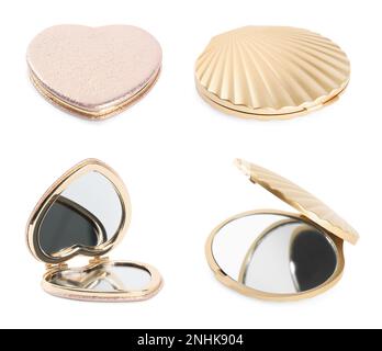 Con eleganti specchi tascabili su sfondo bianco Foto Stock