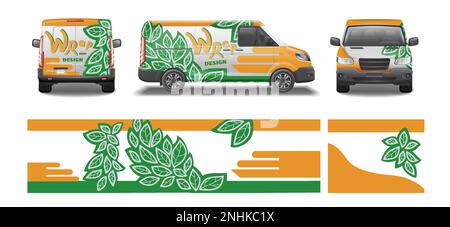 Car van mockup livrea wrap design realistico set con aspetto isolato di auto e floreale grafica vettoriale illustrazione Illustrazione Vettoriale