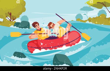 Concetto di rafting sul fiume con persone che canottano in cartoni animati illustrazione vettore canoa Illustrazione Vettoriale