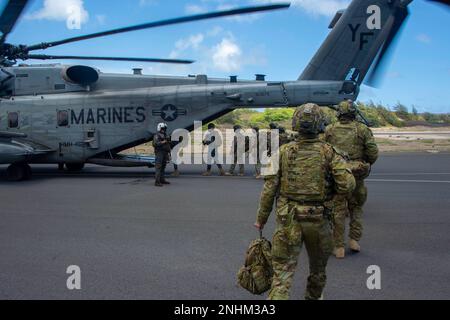 KANEOHE BAY, Hawaii (30 luglio 2022) soldati dell'esercito australiano, marines malesi e marines dello Sri Lanka imbarcarono un CH-53E Super Stallion, attaccato al Squadron pesante dell'elicottero marino (HMH) 462, durante il Rim del Pacifico (RIMPAC) 2022, luglio 30, durante un raid anfibio. Ventisei nazioni, 38 navi, tre sommergibili, più di 170 aerei e 25.000 persone partecipano a RIMPAC dal 29 giugno al 4 agosto nelle Isole Hawaii e nella California meridionale. Il più grande esercizio marittimo internazionale del mondo, RIMPAC offre un'opportunità di formazione unica, promuovendo e sostenendo al contempo Foto Stock