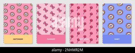 Copertine di cartoni animati con ciambelle, archi e lecca Illustrazione Vettoriale