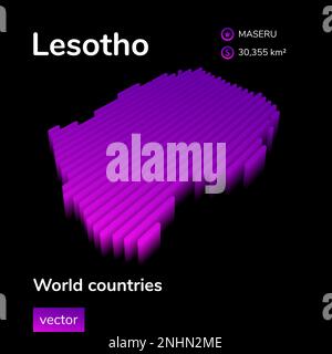 3D mappa del Lesotho. La mappa vettoriale isometrica stilizzata a righe del Lesotho è in colori viola al neon su sfondo nero. Banner didattico Illustrazione Vettoriale