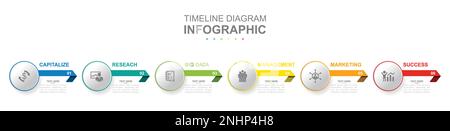 Modello aziendale infografico. 6 passi Modern Timeline diagramma calendario con frecce. Presentazione del concetto. Illustrazione Vettoriale