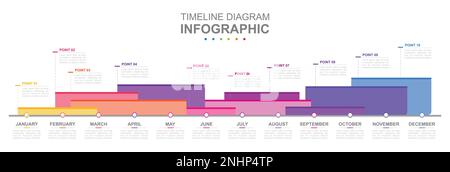 Modello aziendale infografico. Calendario dei diagrammi della linea temporale moderna con grafico Grantt. Presentazione del concetto. Illustrazione Vettoriale