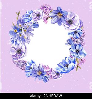 Bella cornice rotonda di fiori primaverili su uno sfondo delicato. illustrazione acquerello Foto Stock