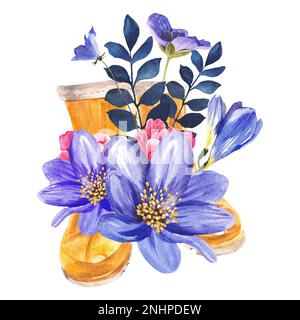 Bel giardino fiori primavera sullo sfondo di stivali di gomma gialla. Giardino natura. Pittura astratta. Isolare. illustrazione acquerello Foto Stock