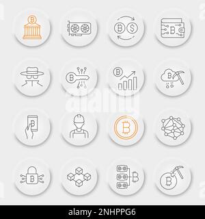 Set di icone linea Bitcoin, collezione blockchain, grafica vettoriale, pulsanti UI UX neumorfici, icone vettoriali bitcoin, segni di criptovaluta, pittogrammi di contorno, tratto modificabile Illustrazione Vettoriale