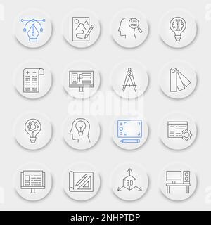 Design thinking line icon set, ideazione raccolta, schizzi vettoriali, pulsanti UI UX neumorfici, design thinking icone, disegni di segni lineari pittogrammi, tratto modificabile Illustrazione Vettoriale