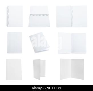 Set con brochure di carta bianca su sfondo bianco. Modello per il design Foto Stock